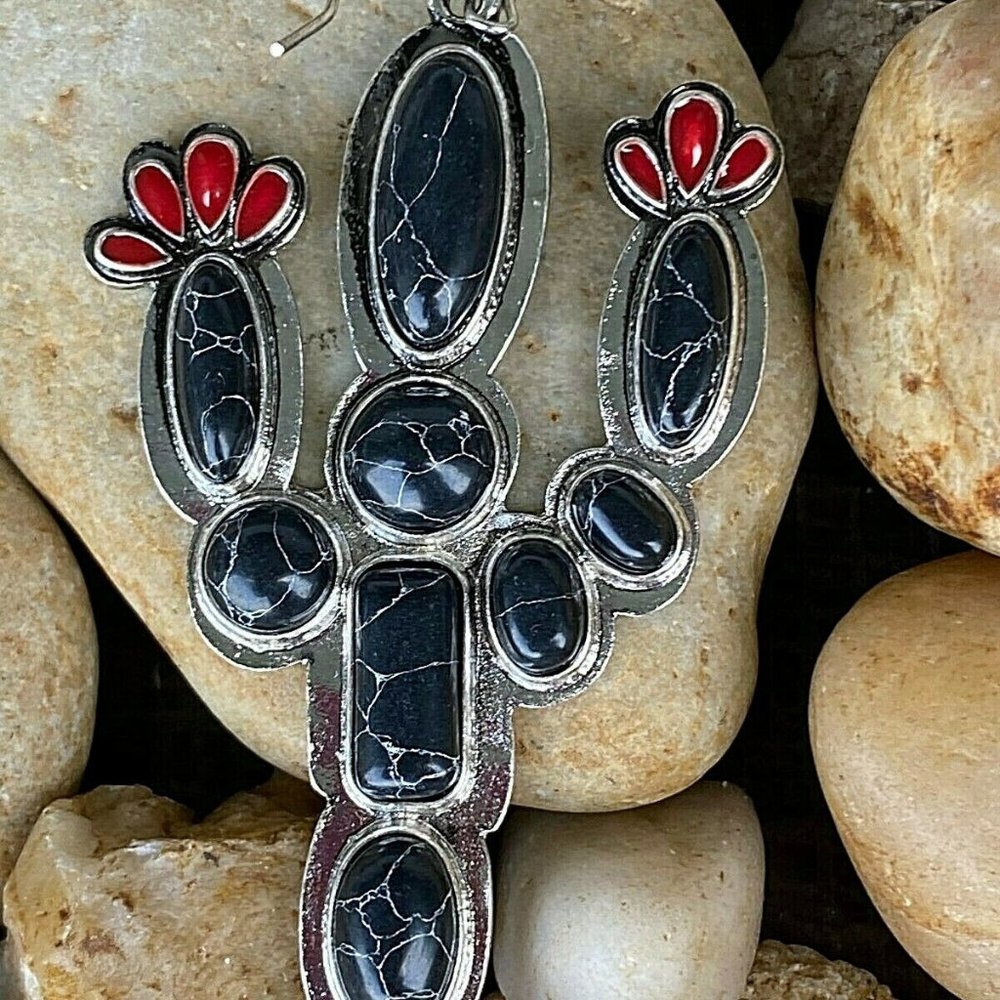 Black Saguaro Cactus Black Turquoise Red Earrings - Picture 4 of 9